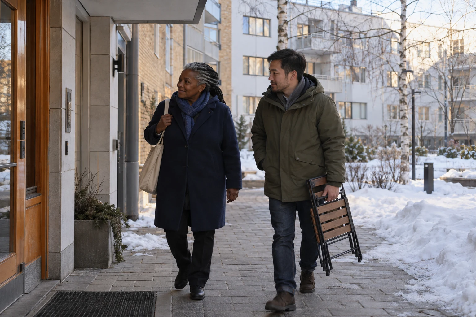 Include the winter threshold in the new routine Two adults approach an apartment entrance carrying a folded chair and a cloth book bag beside cleared snow.