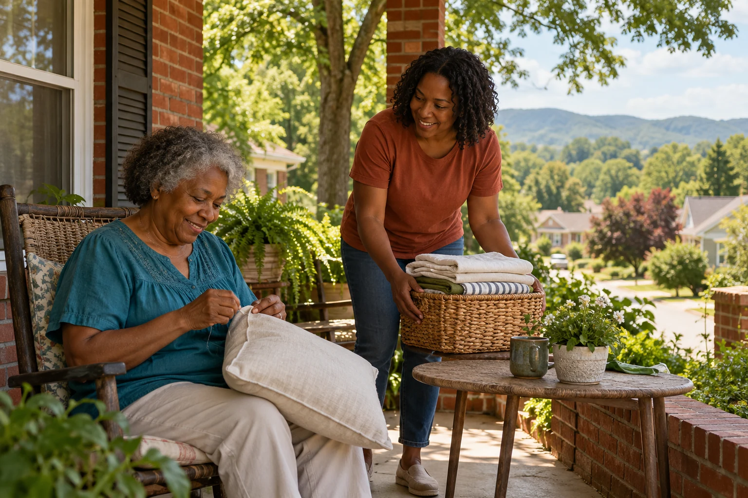Leave space for a patient afternoon activity An older woman sews a plain cushion while another woman brings a basket of folded cloth to a shaded porch.