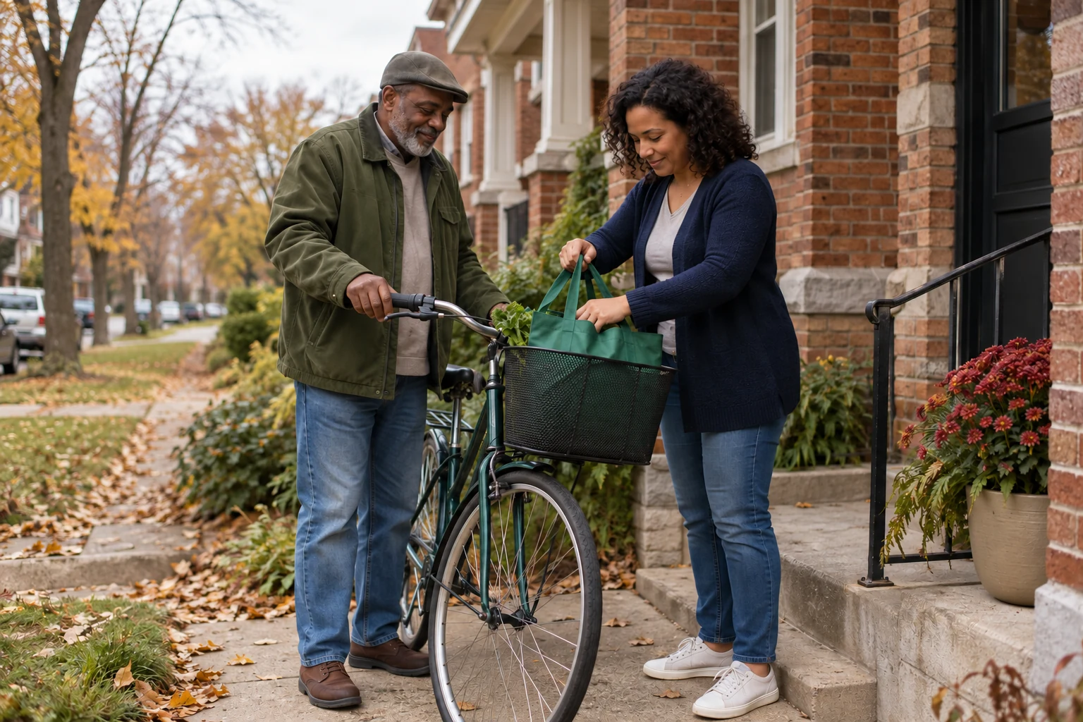 Make the errand journey part of the home visit Two adults steady a plain bicycle while placing a reusable grocery bag into its front basket.