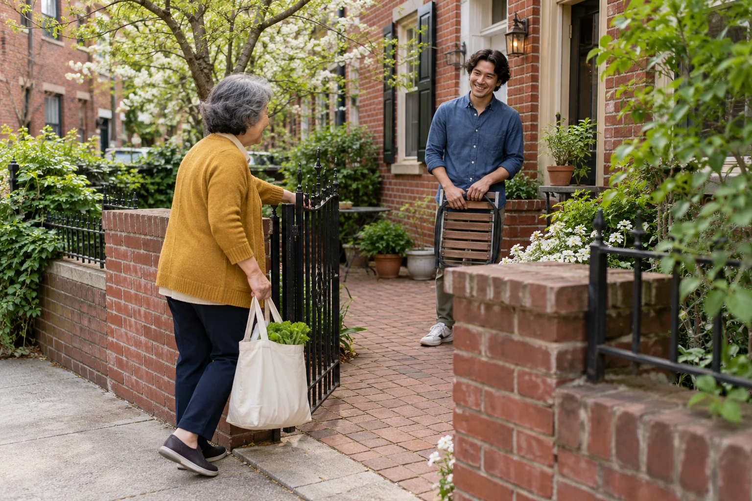 Give a compact city home a useful outdoor threshold An older woman with a grocery bag opens a garden gate while a younger man holds a folded chair inside.