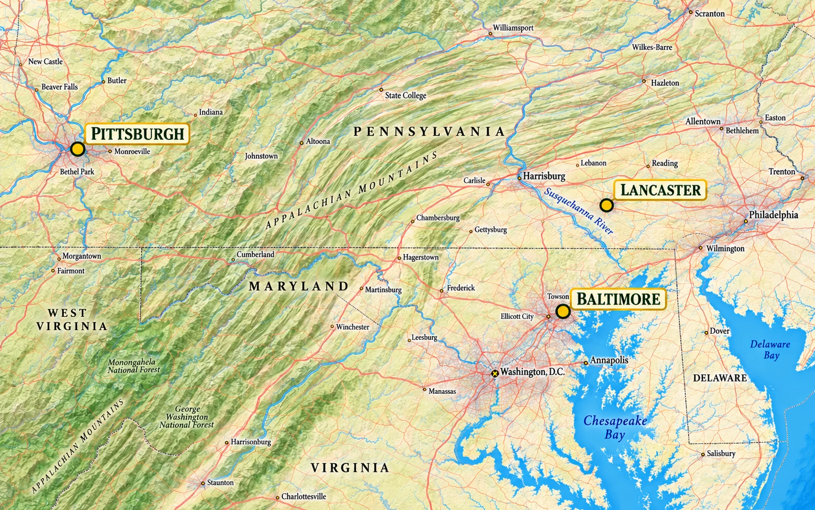 Three regional bases with different journeys back A regional atlas highlights Pittsburgh, Lancaster and Baltimore among Appalachian ridges, rivers and Chesapeake Bay.
