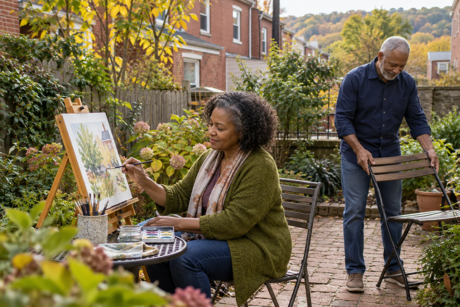 Make room for a local interest close to home A woman paints at a small easel while an older man opens a folding chair in a brick garden.