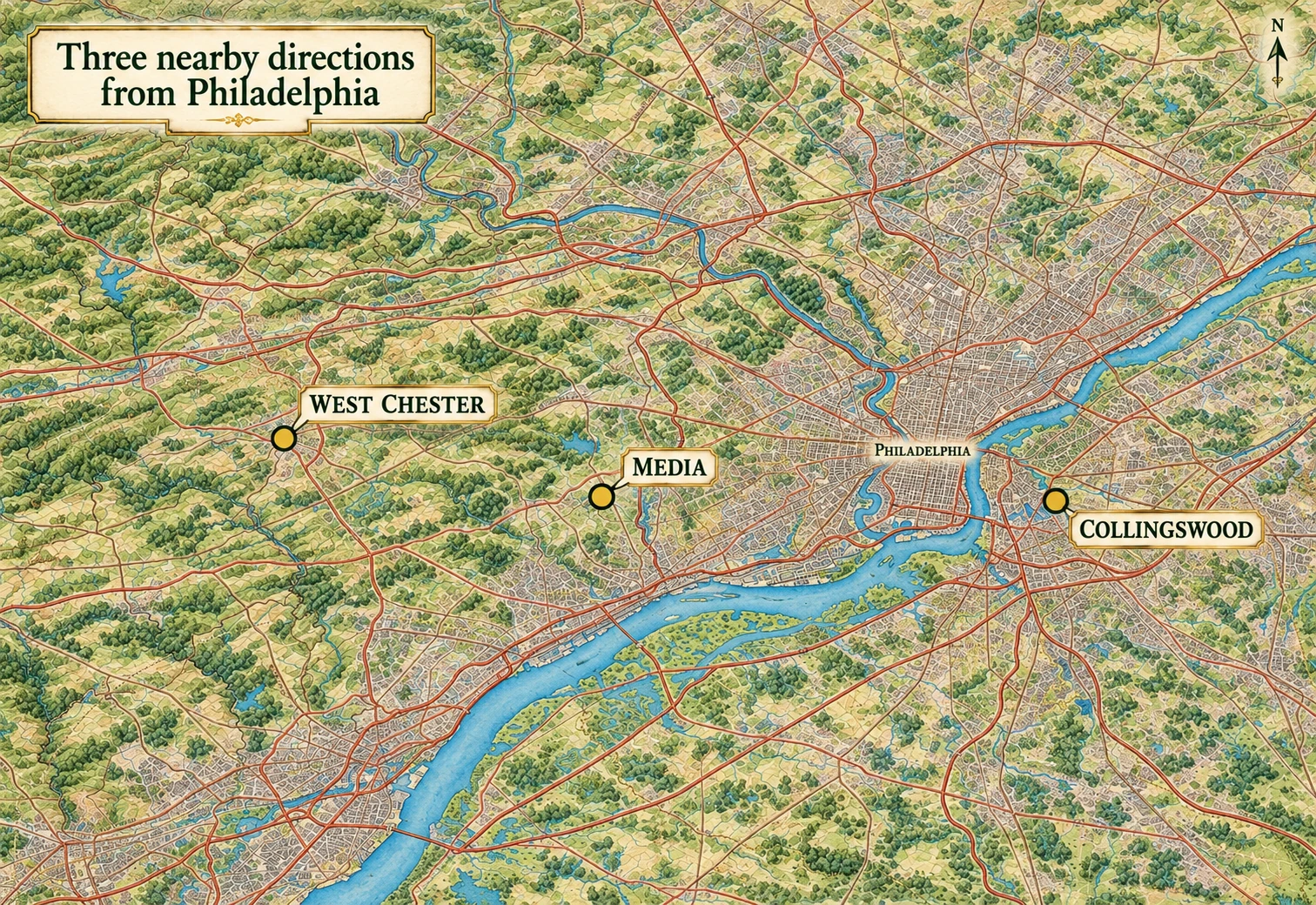 Three nearby directions around Philadelphia An atlas places West Chester and Media west of Philadelphia and Collingswood east of the Delaware River.