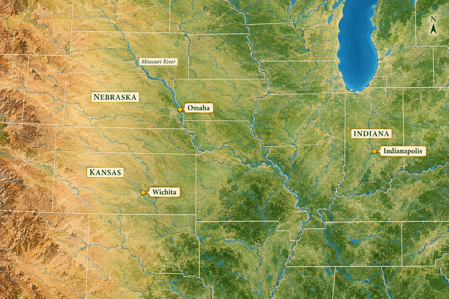 Three interior bases across plains and river country An atlas places Omaha on the Missouri River, Wichita southwest in Kansas and Indianapolis east in Indiana.
