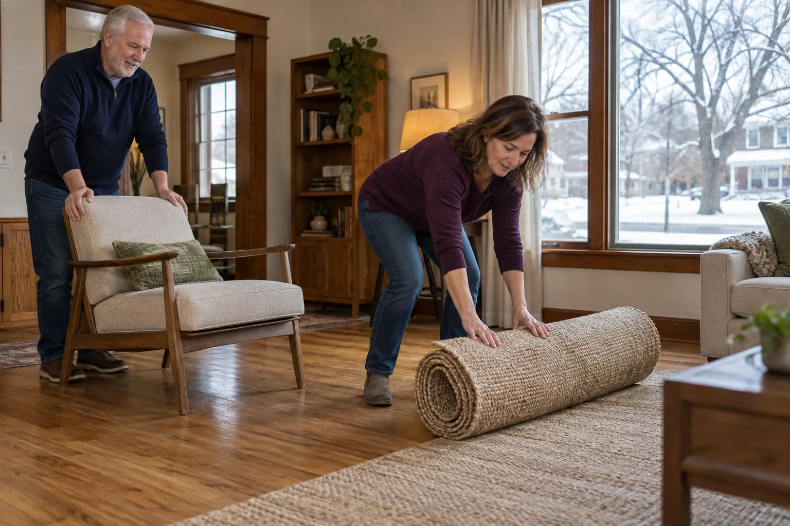 Make the room work before adding more rooms A woman rolls a woven rug while an older man holds a chair clear of the floor.