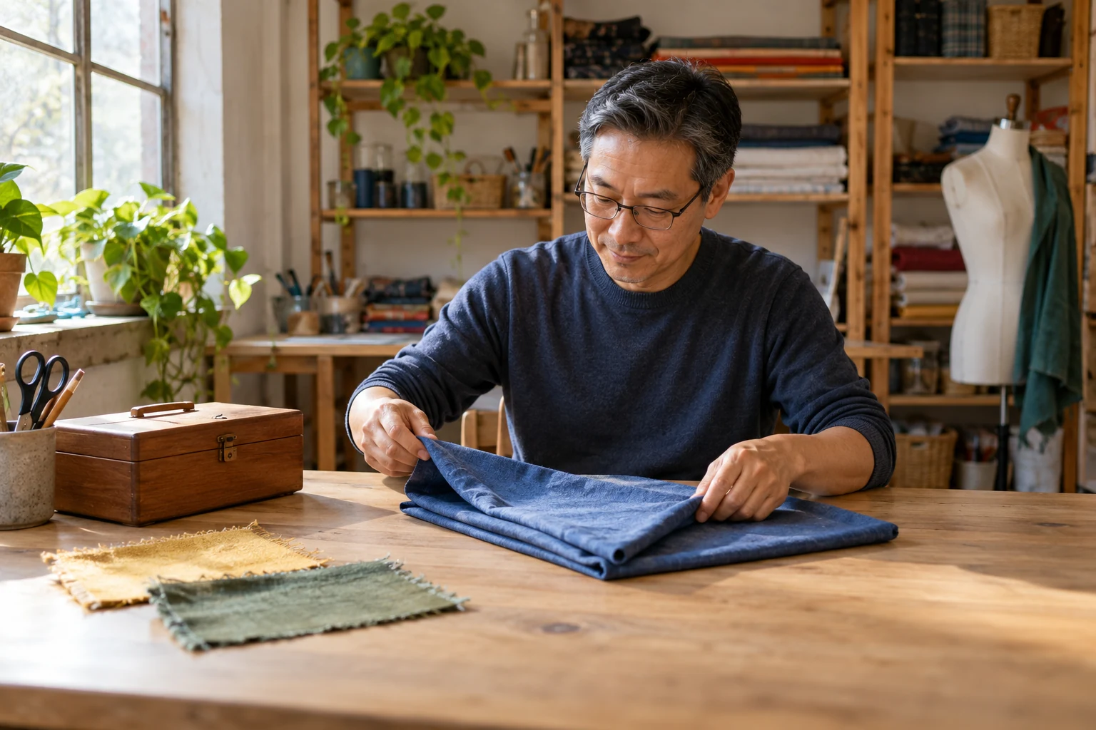 Leave room for learning that belongs to the adult A man folds blue fabric at a wooden workshop table beside swatches and a closed sewing box.