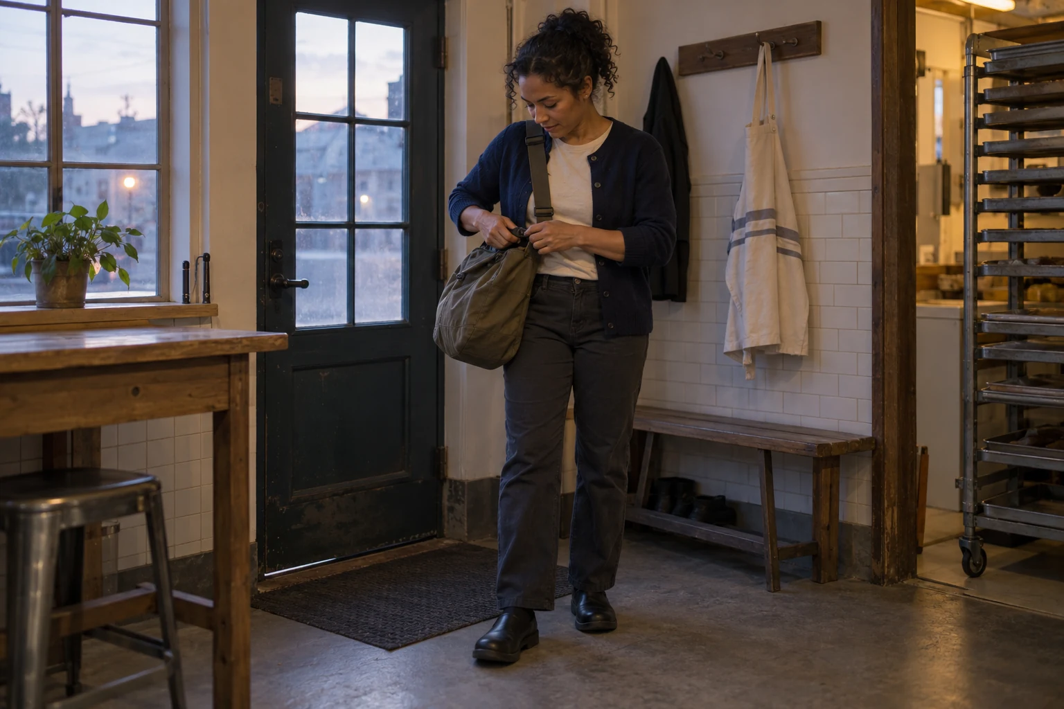 Start the comparison at the hour the job requires A woman fastens a canvas-bag strap beside a staff-room doorway before dawn.