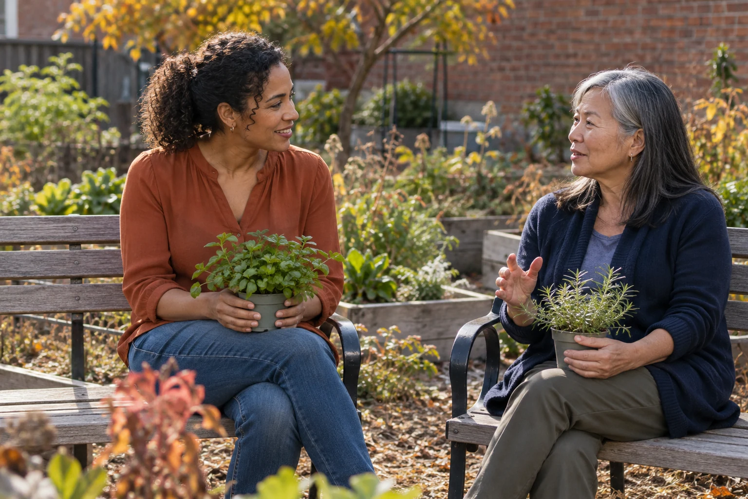 Keep a friendship through something you enjoy doing Two women sit on separate garden benches holding small herb pots as they talk.