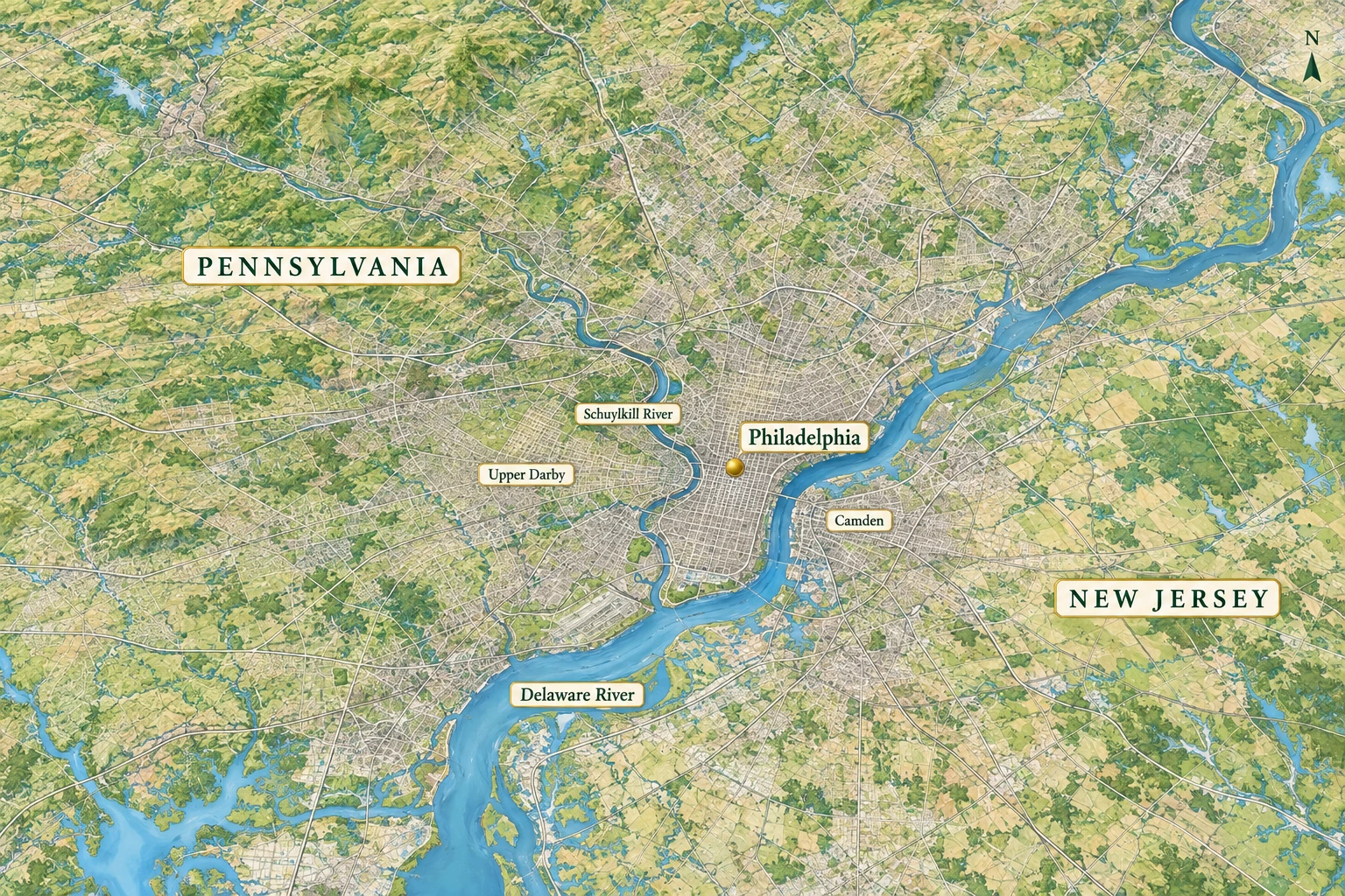 Begin with the Philadelphia connections you already use A local atlas places Philadelphia between the Schuylkill and Delaware, with Camden east and Upper Darby west.