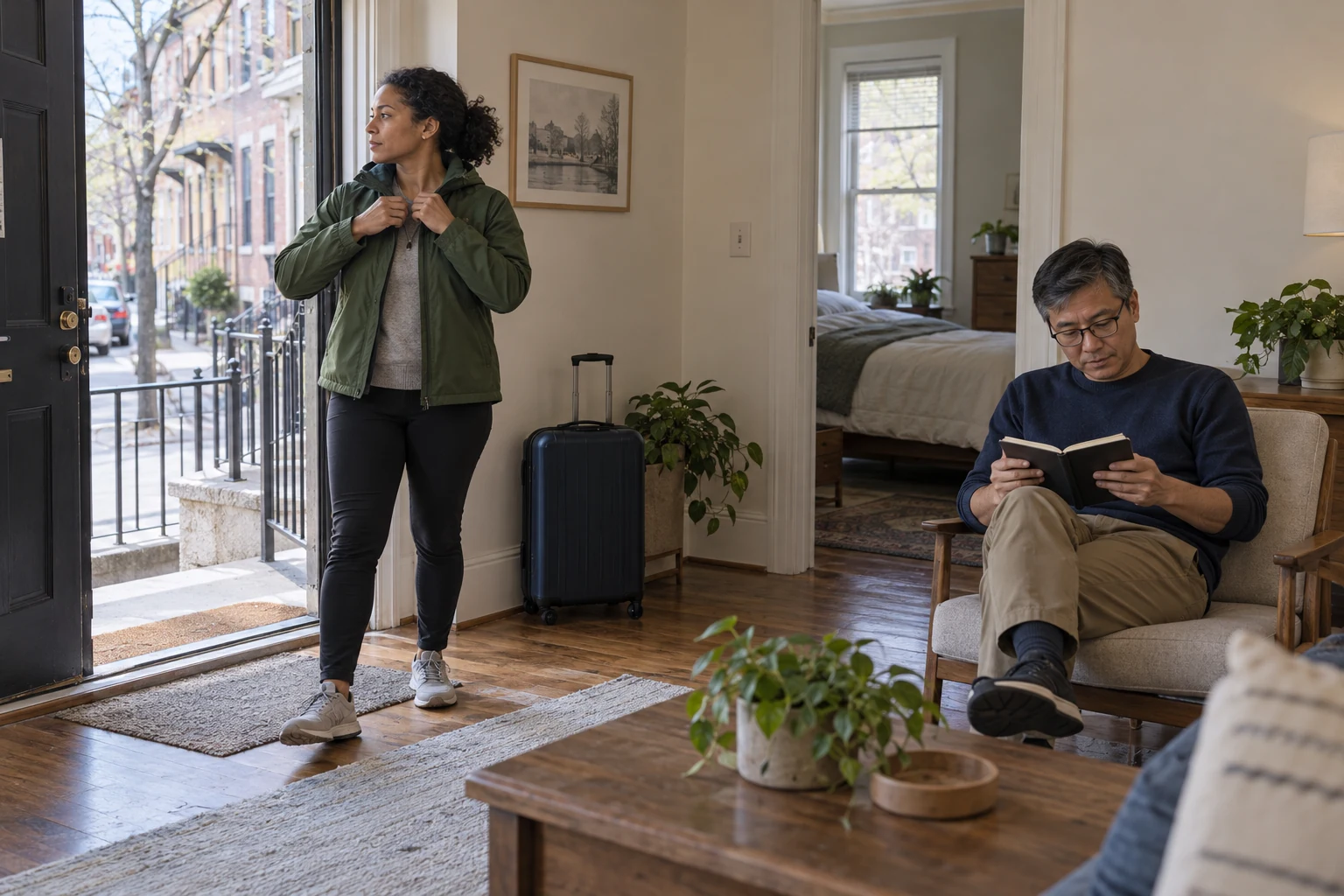 Give the comparison visit an ordinary start A woman fastens her jacket by an open door while a man reads a notebook beside a closed suitcase.
