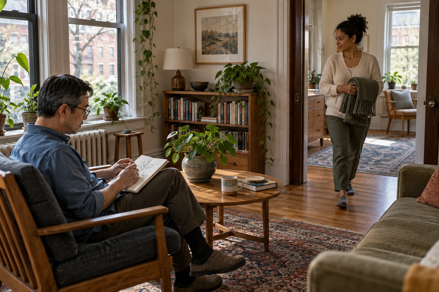 Keep staying as a useful choice in the comparison A man sketches a plant while a woman carries a folded throw through an adjoining room.