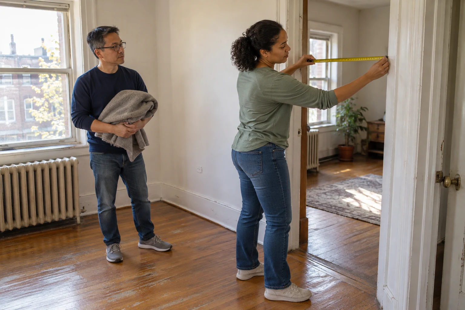 Measure the space that will have to work A woman measures a doorway while a man stands clear holding a folded blanket.