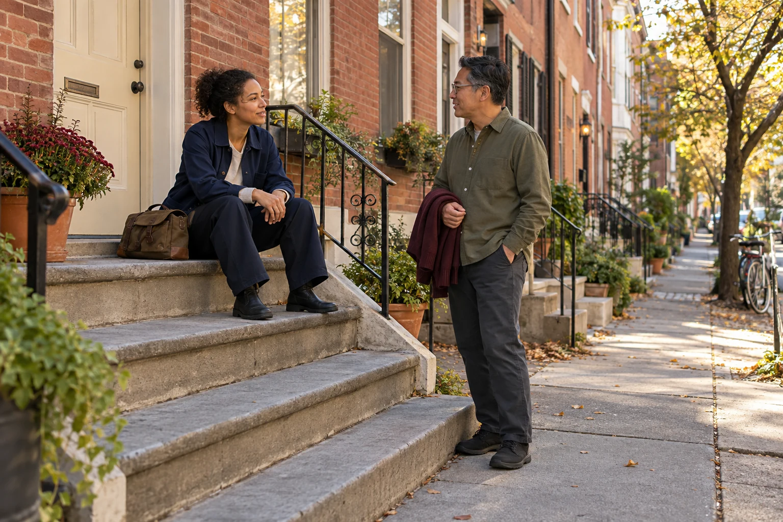Keep some time at home between different working days A woman seated on broad rowhouse steps talks with a man holding a folded cardigan beside the sidewalk.
