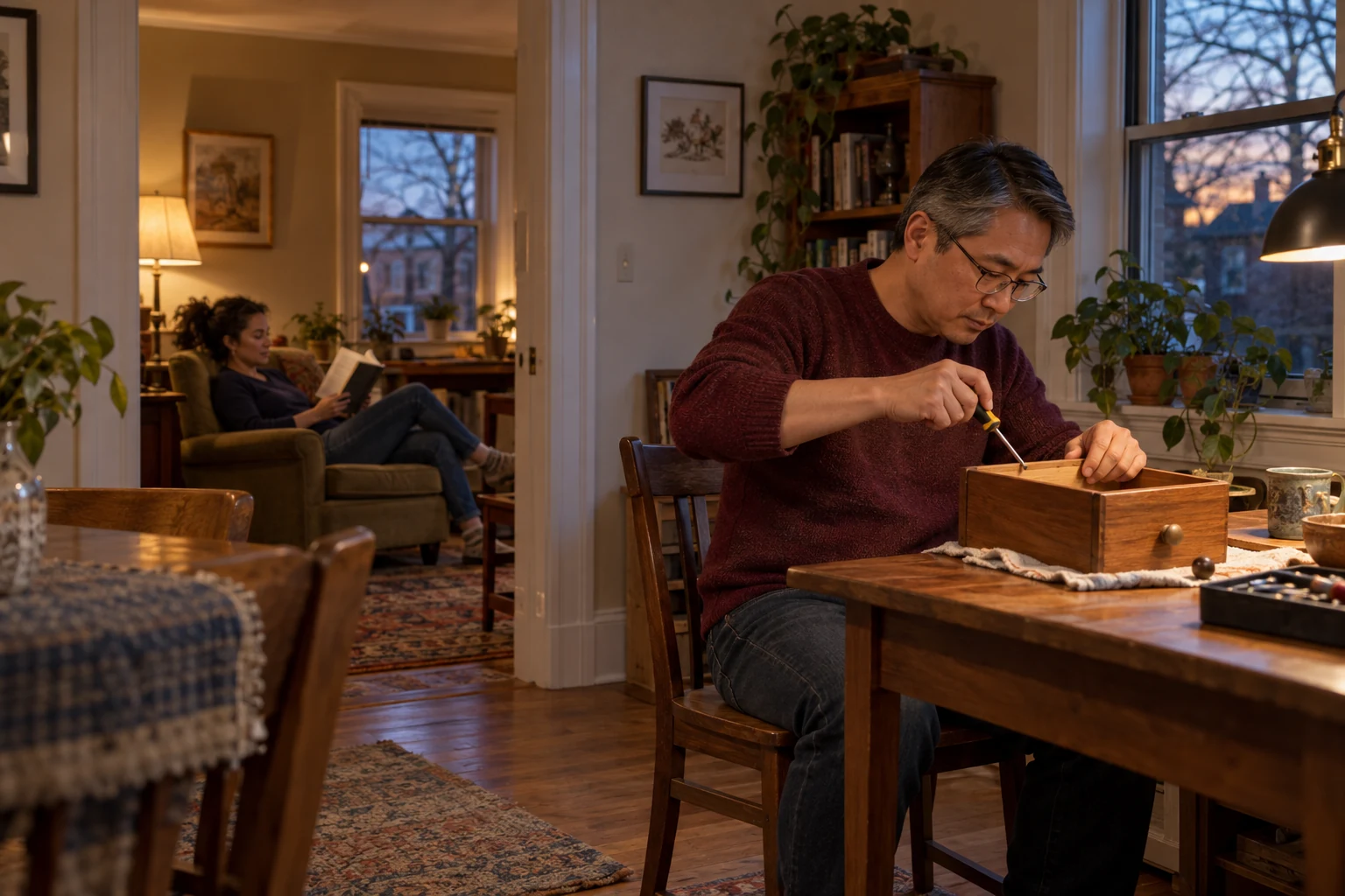 Let different evenings fit under one roof A man repairs a wooden drawer while a woman reads in a separate room beyond an open doorway.