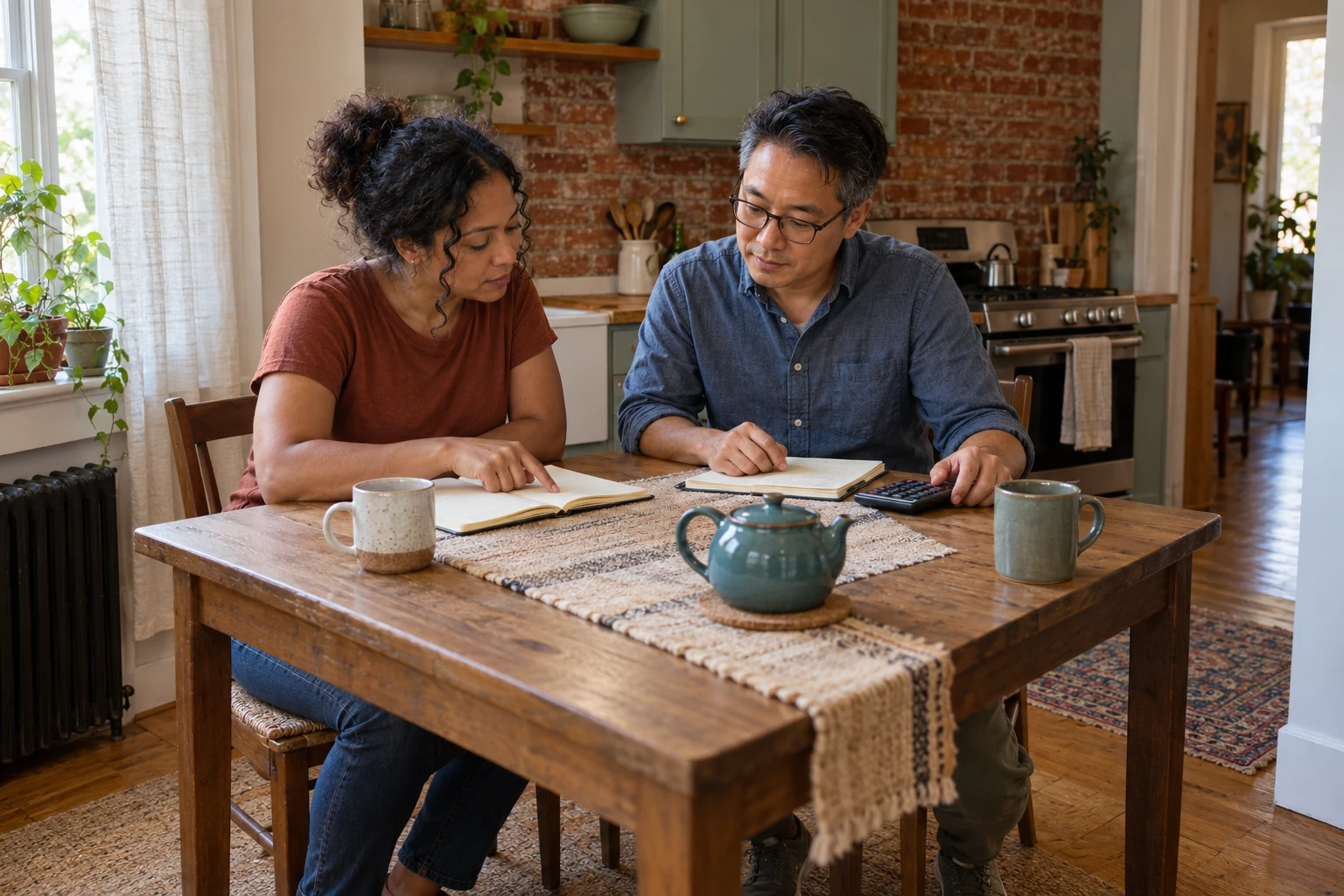 Compare the shared month and each person’s part in it Two adults compare separate notebooks and a calculator at a wooden kitchen table with a teal teapot and two mugs.