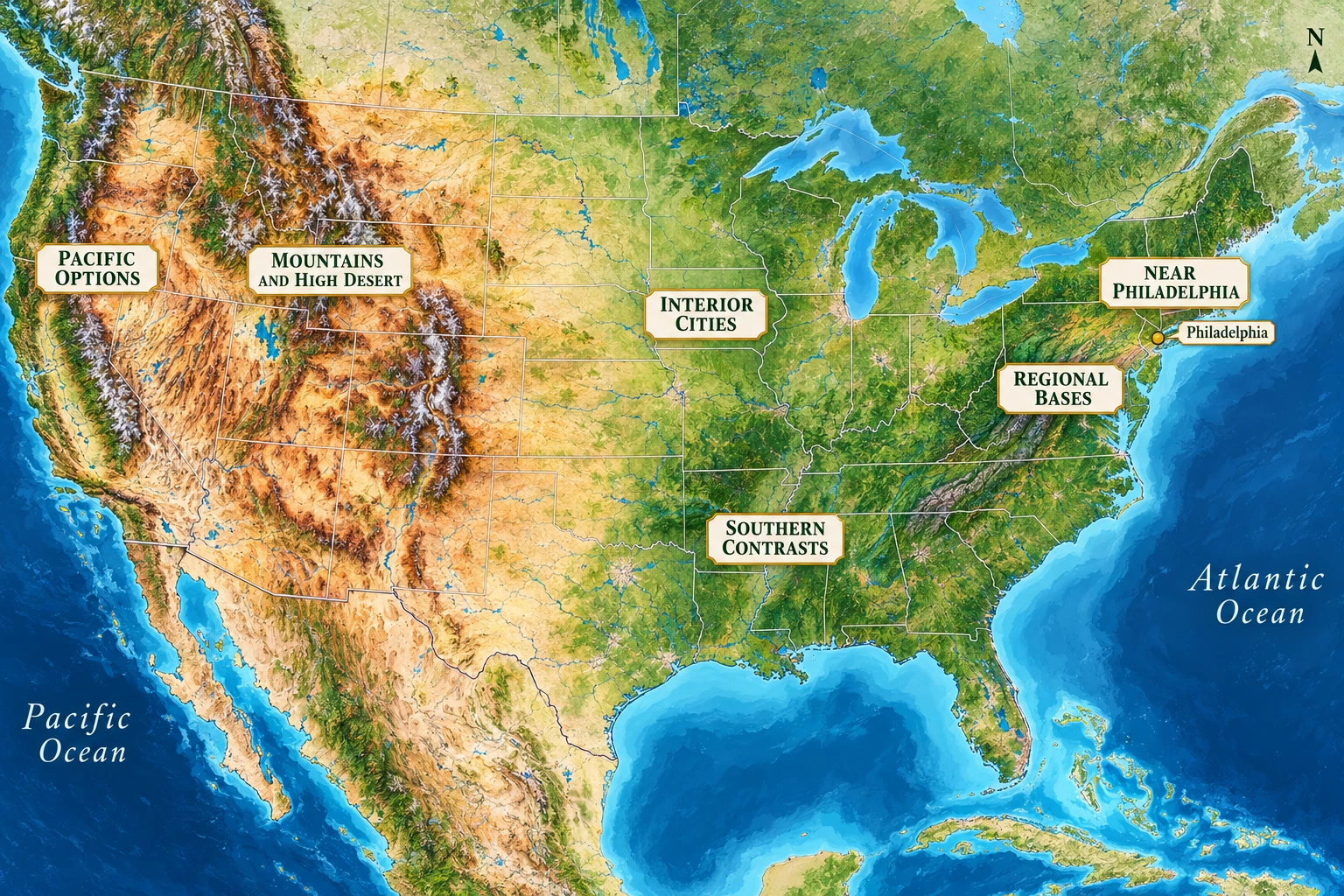 Six broad directions for a different working week A US relief atlas locates six broad comparison groups with Philadelphia on the northeastern Atlantic side.
