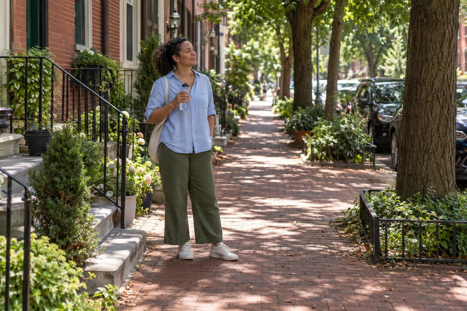 Test the season between the front door and your destination A woman with a water bottle pauses under a mature tree on a brick residential sidewalk.