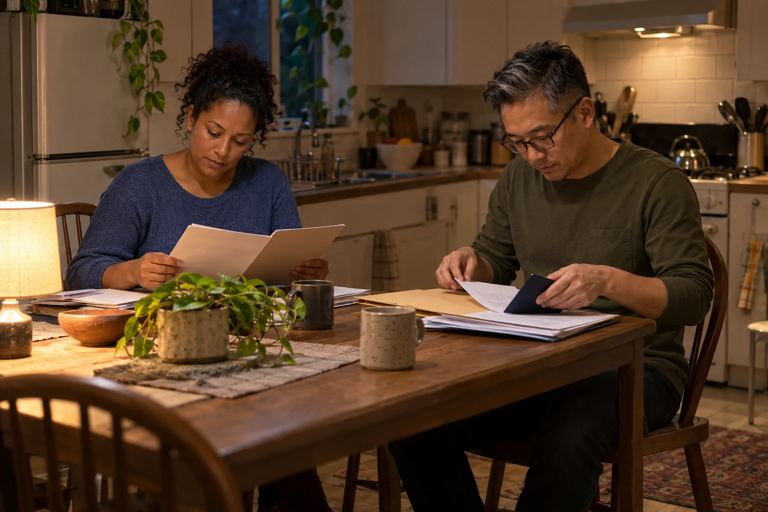 Give each adult a lawful route of their own Two housemates read separate folders and papers at a kitchen table beside a closed passport-sized booklet.