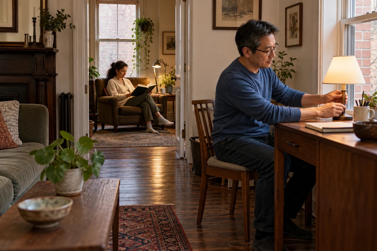 Protect separate quiet time in a shared home A man adjusts a desk lamp while a woman reads in a separate room beyond an open doorway.