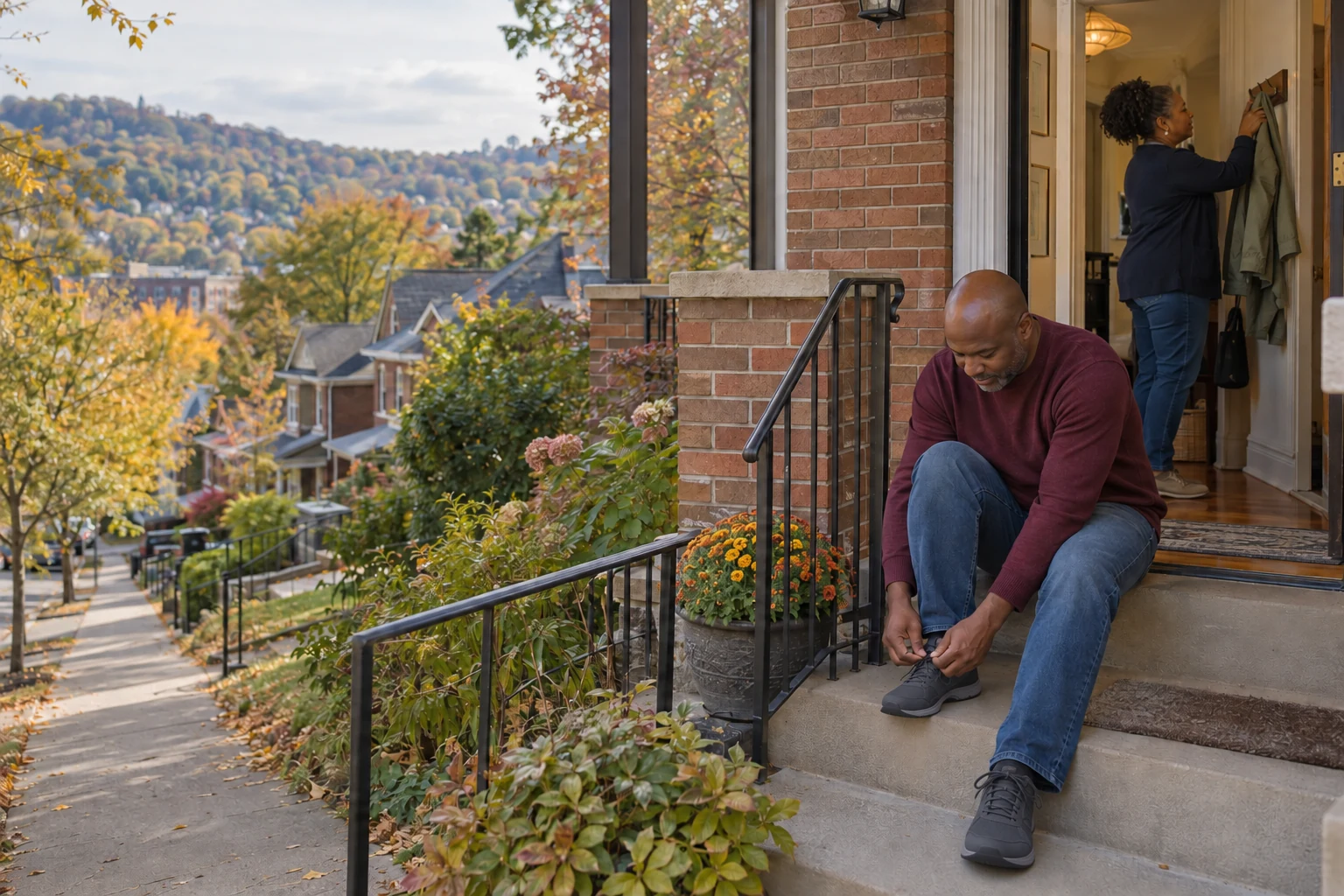 Make the hillside journey part of the home decision A man fastens a plain walking shoe on a brick-house stoop while a woman hangs a jacket inside the doorway.