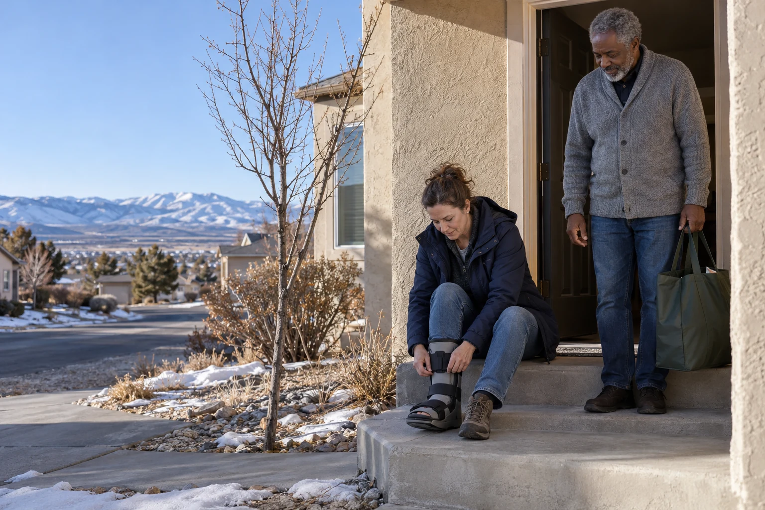 Try the entrance with the support your day requires A seated woman fastens a walking support boot while an older man stands in the doorway holding a grocery bag.