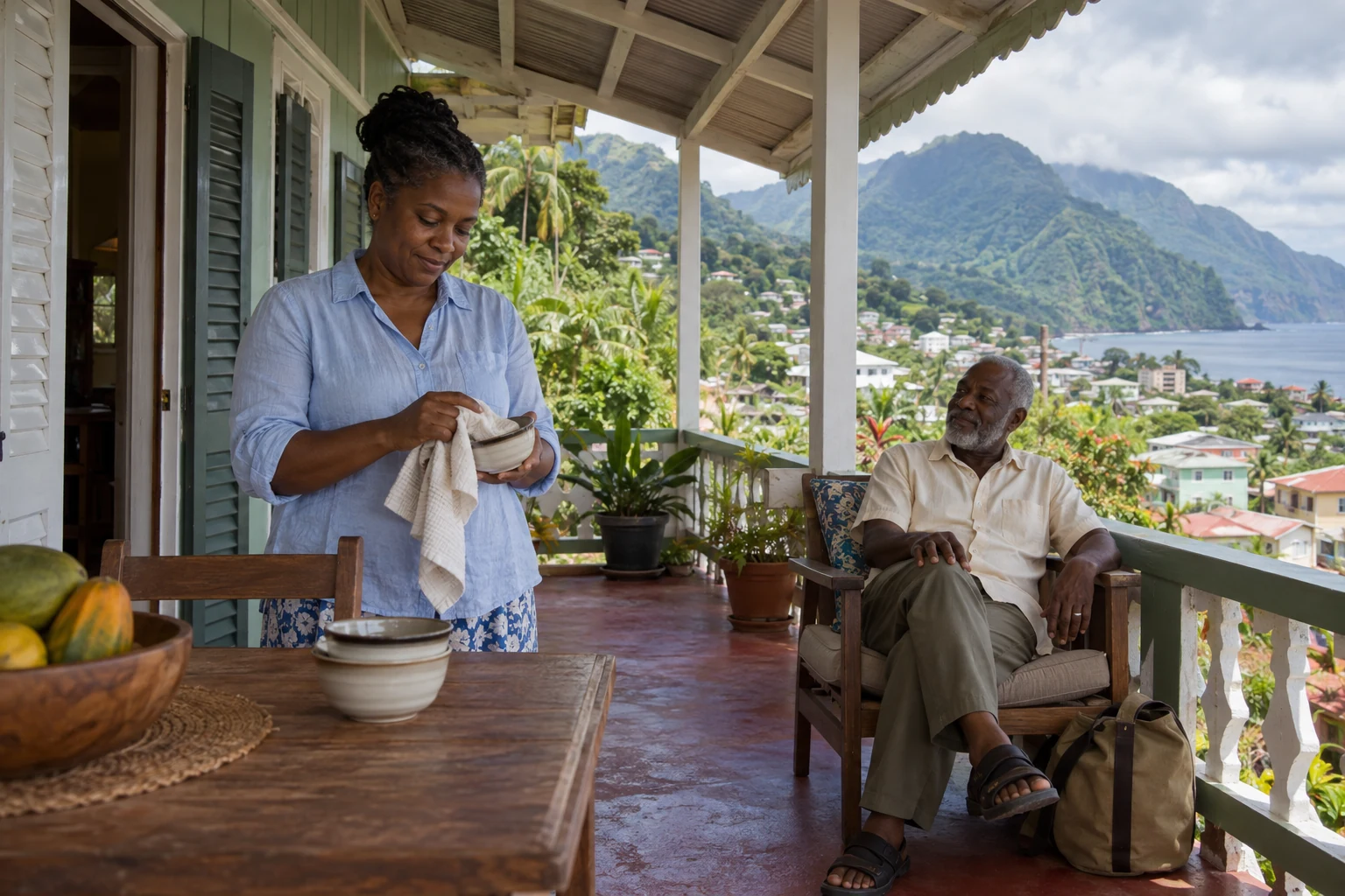 Picture a working week beyond the island visit A woman dries a ceramic bowl while an older man sits on a shaded veranda above a green coastal town.