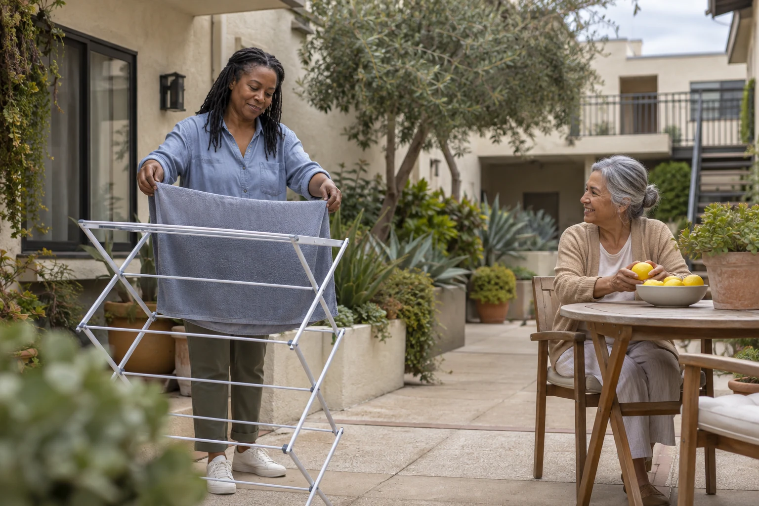 Try the ordinary home between coastal outings A woman hangs a towel on a drying rack while an older woman sits beside a bowl of lemons.