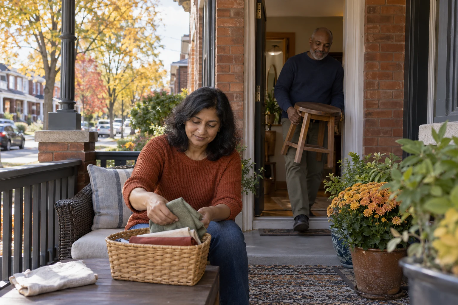 Give the Toronto chapter a home you can picture using A woman sorts fabric in a basket while an older man carries a wooden stool through a brick doorway.