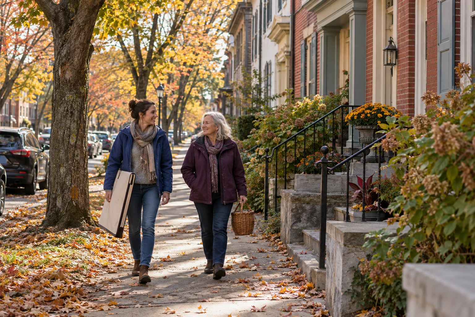 Let an interest become part of the walk home Two women walk beside brick rowhouses carrying a plain art portfolio and a small wicker basket.