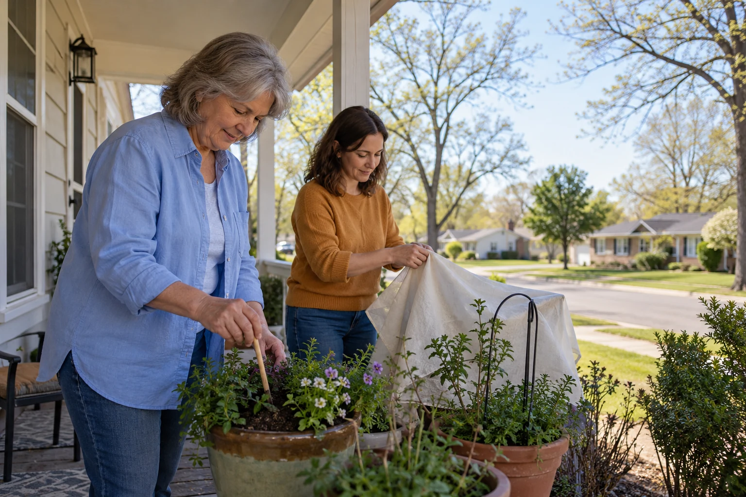 Give an ordinary home a season you can use An older woman checks soil in a pot while another woman folds a plain cloth cover beside her.