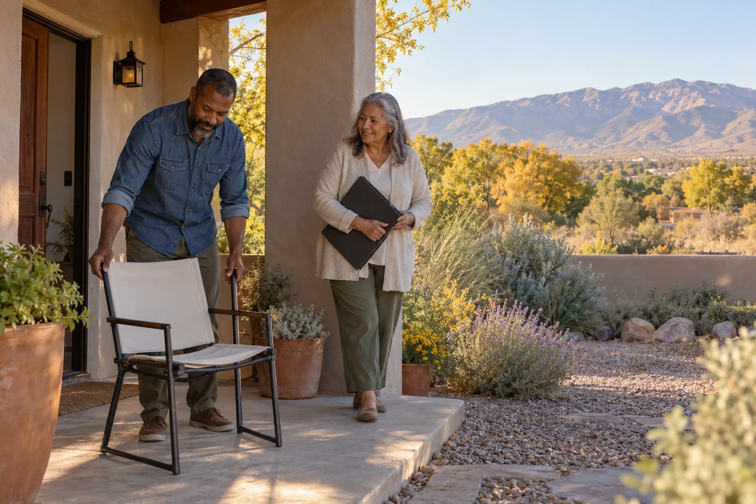 Make the valley home useful before adding the landscape A man positions a canvas chair beside a woman holding a closed art portfolio at a stucco entrance.