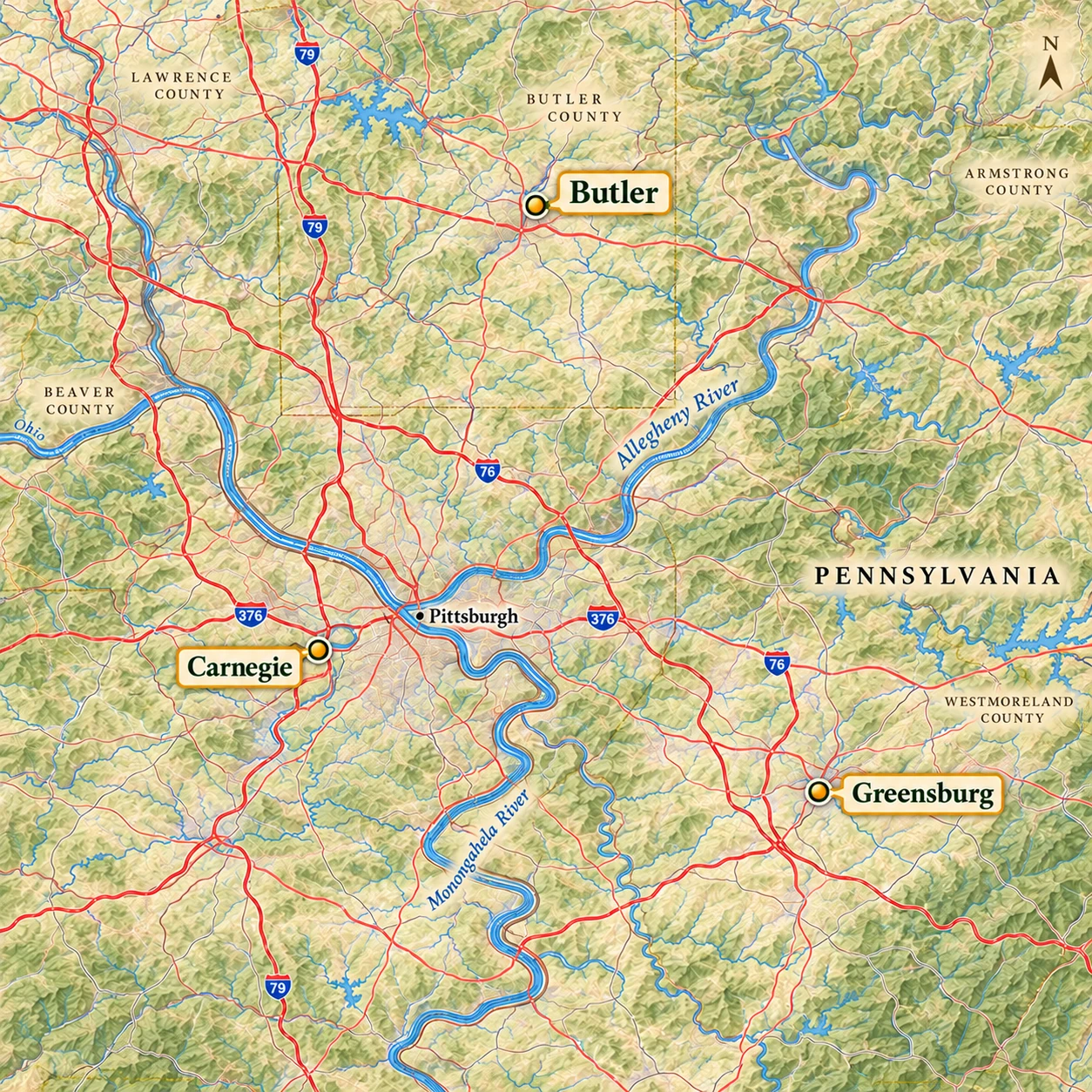 Three nearby choices around Pittsburgh An atlas locates Butler north of Pittsburgh, Carnegie close southwest and Greensburg east-southeast.