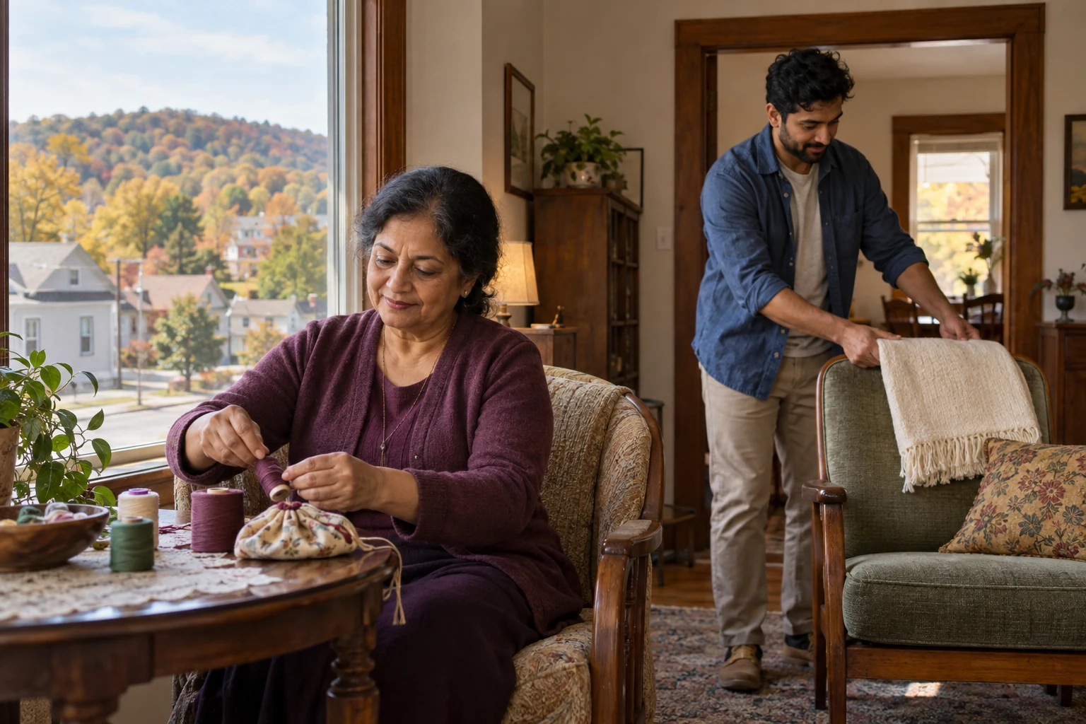 Give an interest a useful place in the home A seated woman handles a spool of thread while a man places a folded throw on a chair.