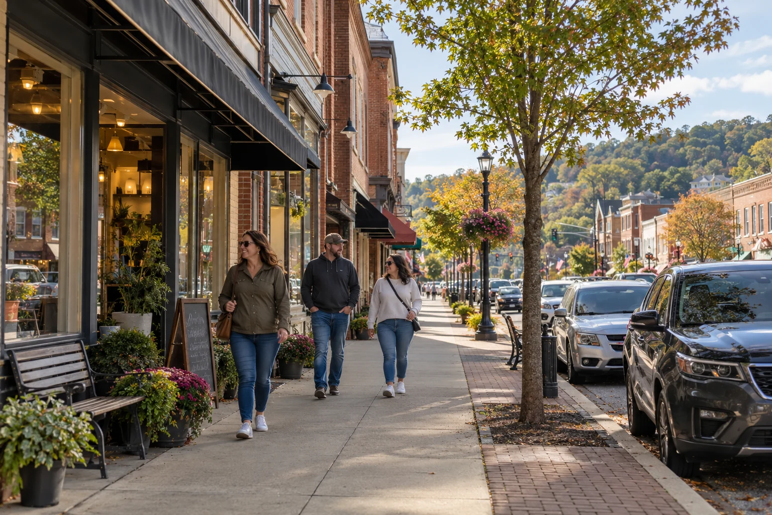 Make the borough errands part of an independent day Three adults walk a tree-lined sidewalk beside brick shopfronts in a small hilly borough setting.