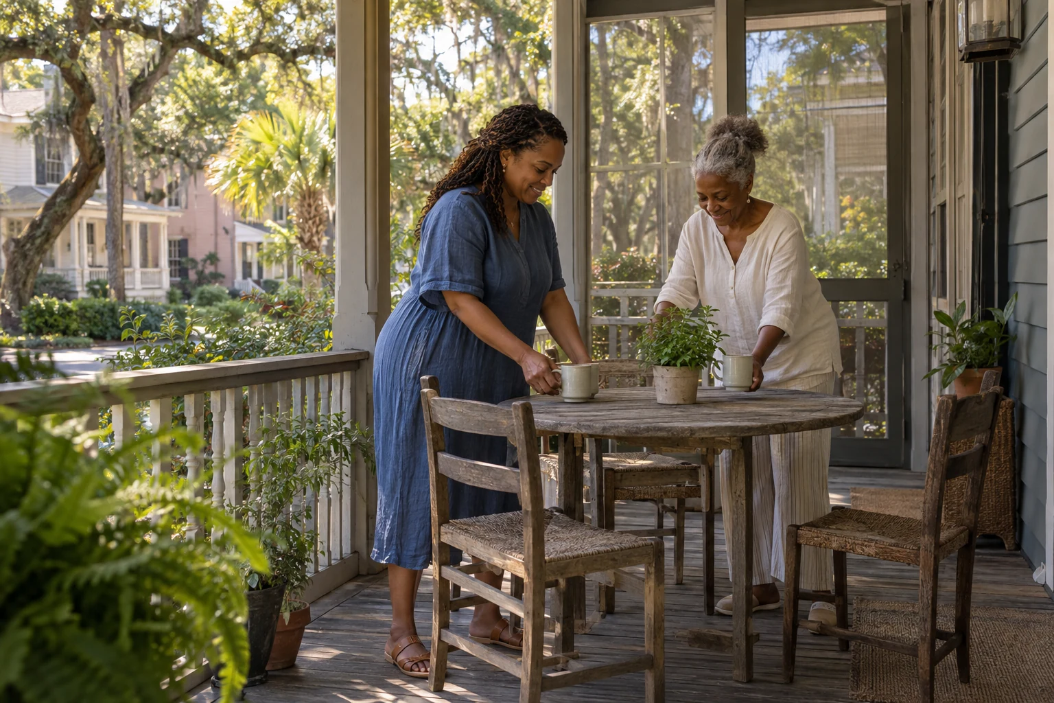 Choose the local day behind the attractive setting Two women arrange ceramic cups beside an herb pot on a shaded wooden porch.