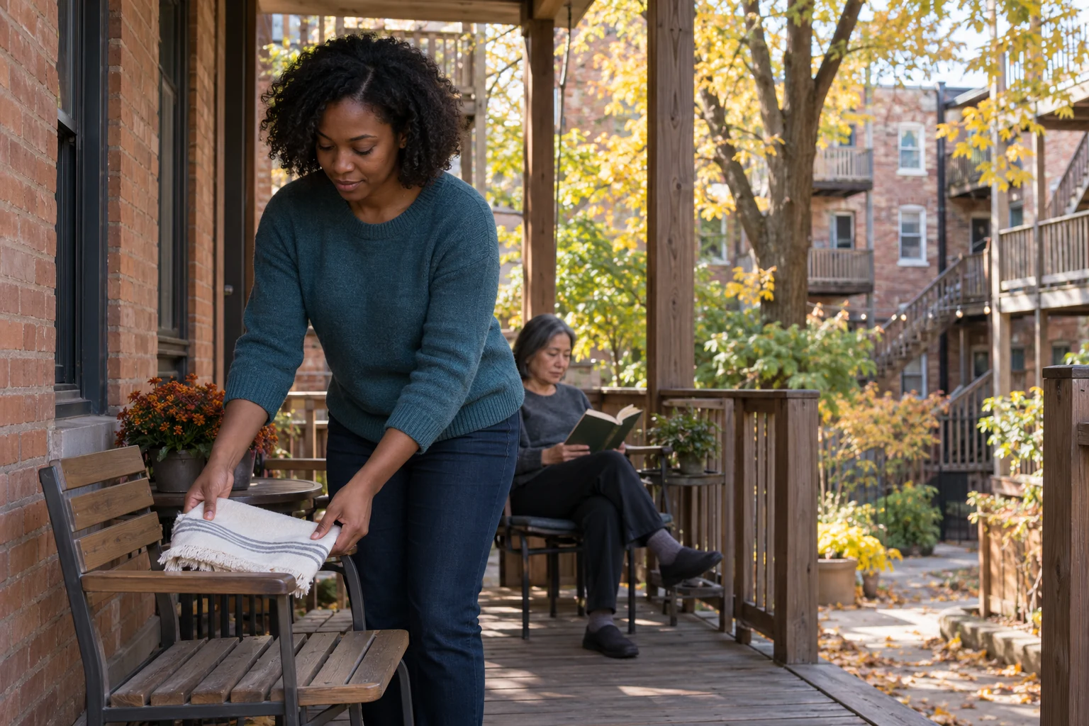 Let a shared home leave room for separate activities A woman places a folded cloth on a porch chair while another adult reads behind her.