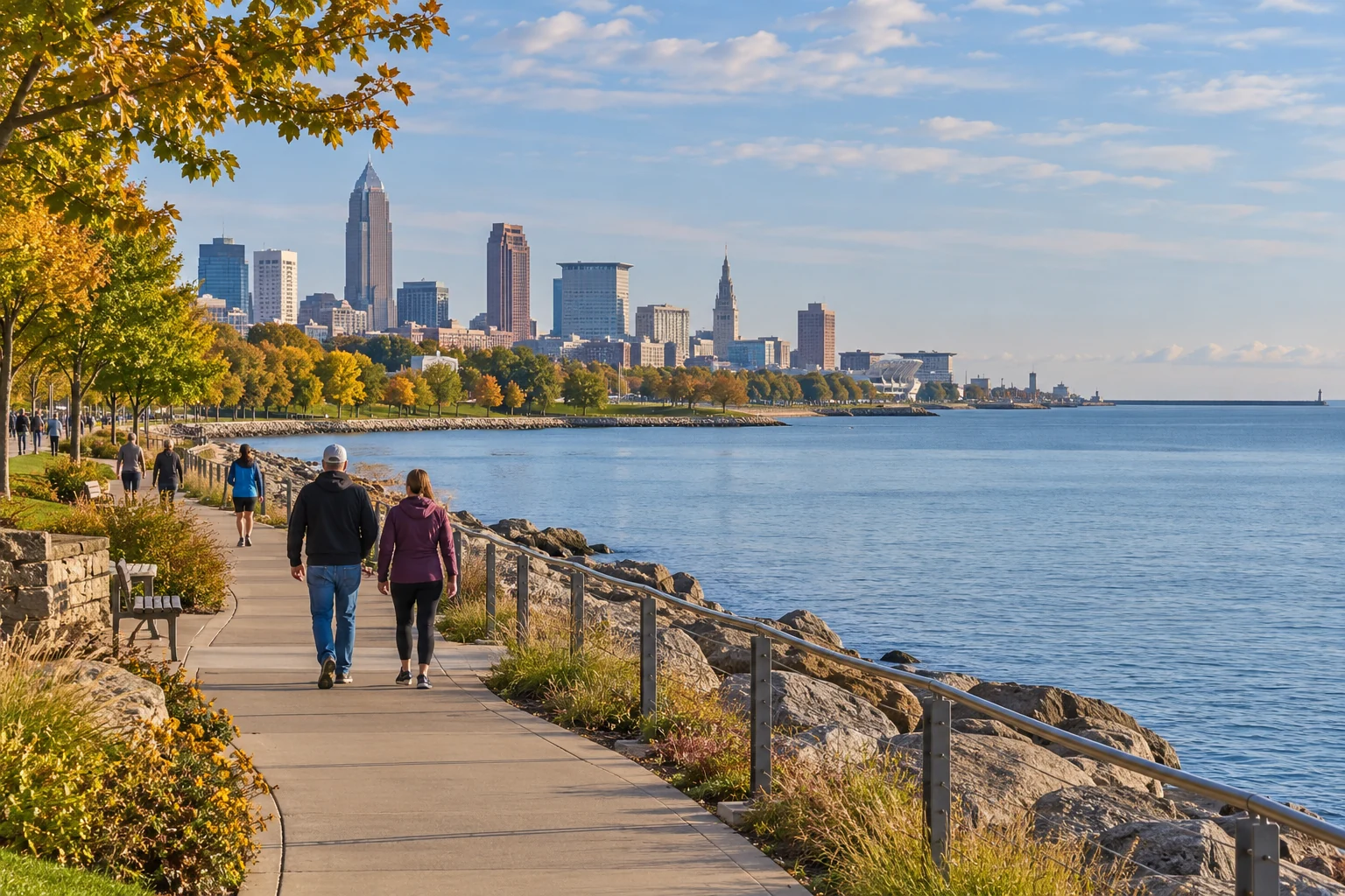 Give a lake walk a place in the local week Adults walk beside broad lake water with a distant urban skyline and autumn trees.