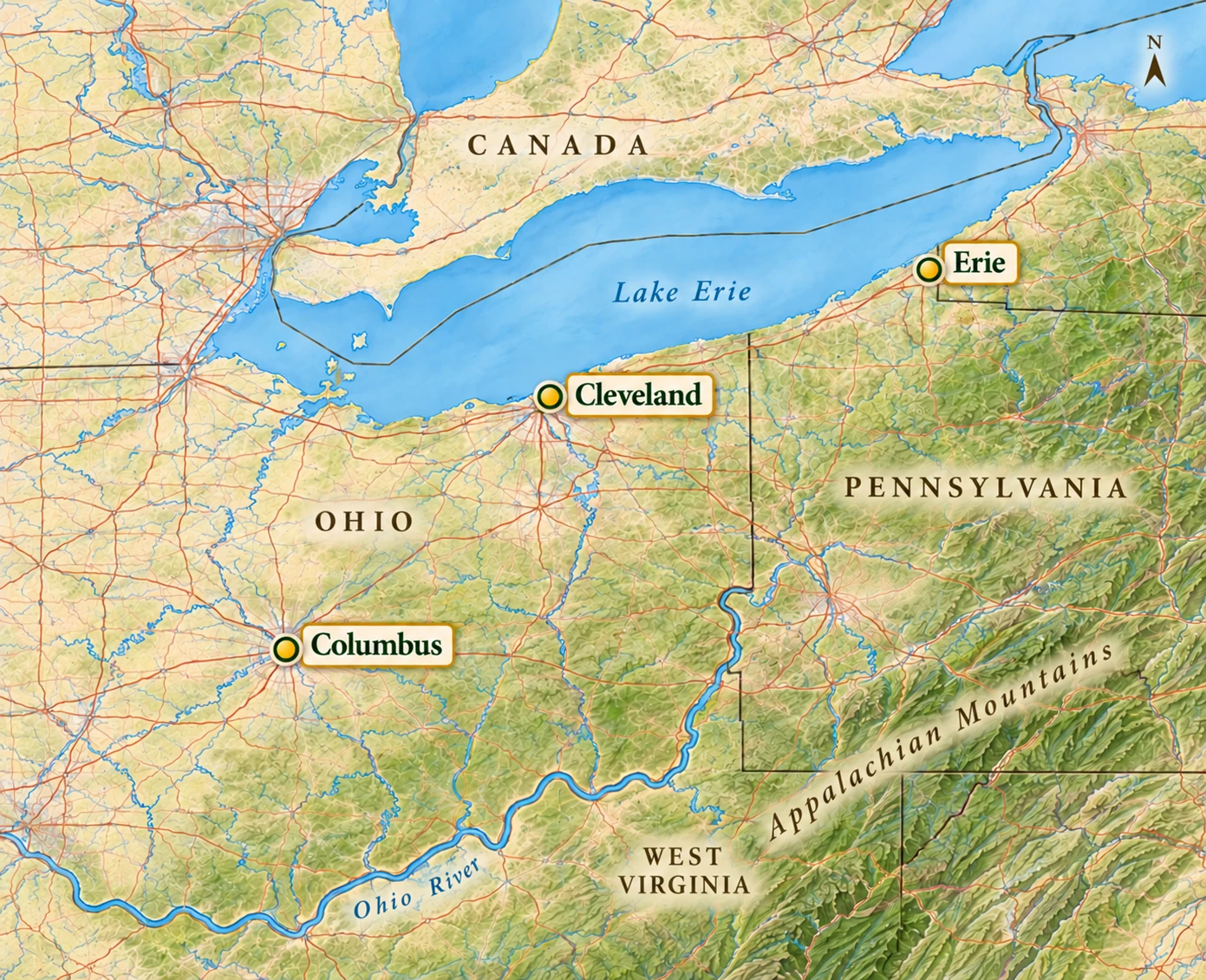 Three regional bases around a lake and an inland city A regional atlas places Cleveland and Erie on Lake Erie and Columbus inland to the southwest.
