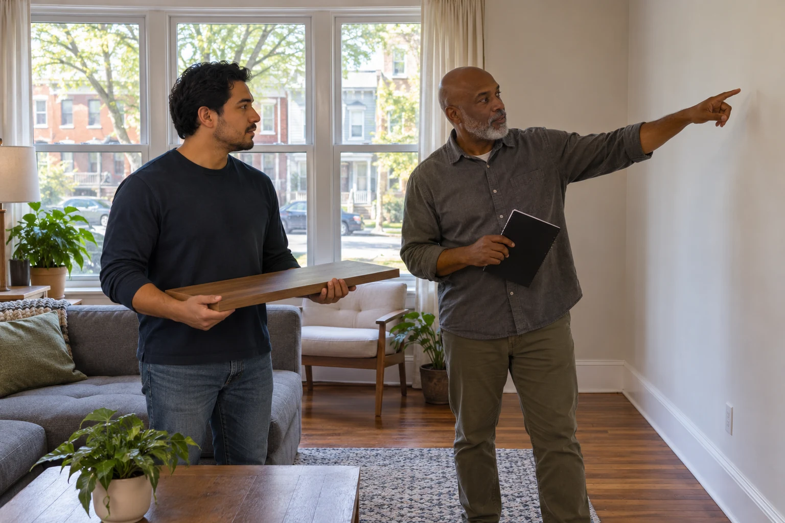 Choose space for the activities you actually intend A younger man supports a shelf board while an older man points to a wall and holds a closed notebook.