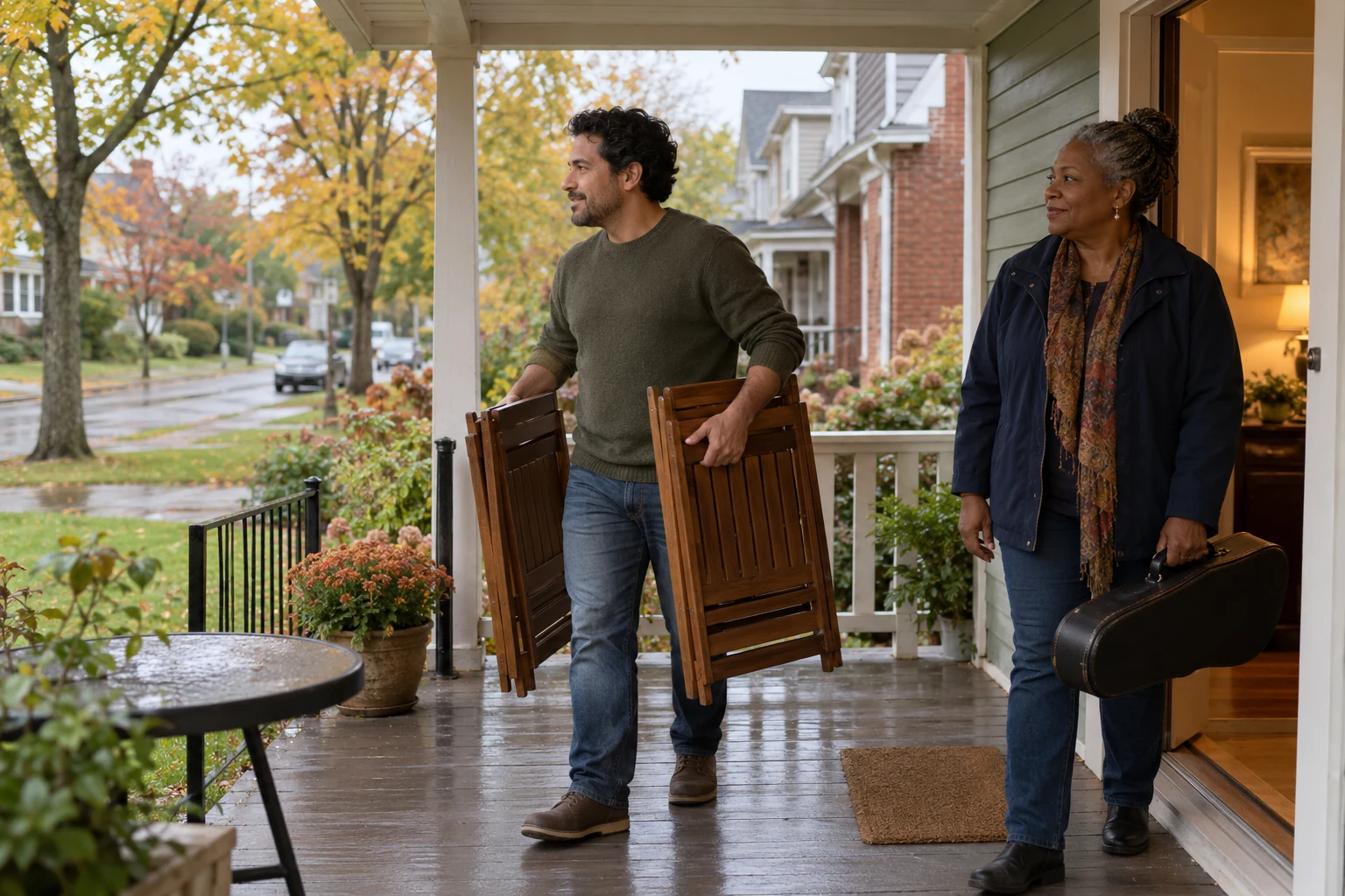 Give an ordinary evening room to happen A man carries two folded wooden chairs beside a woman holding a closed instrument case on a covered porch.