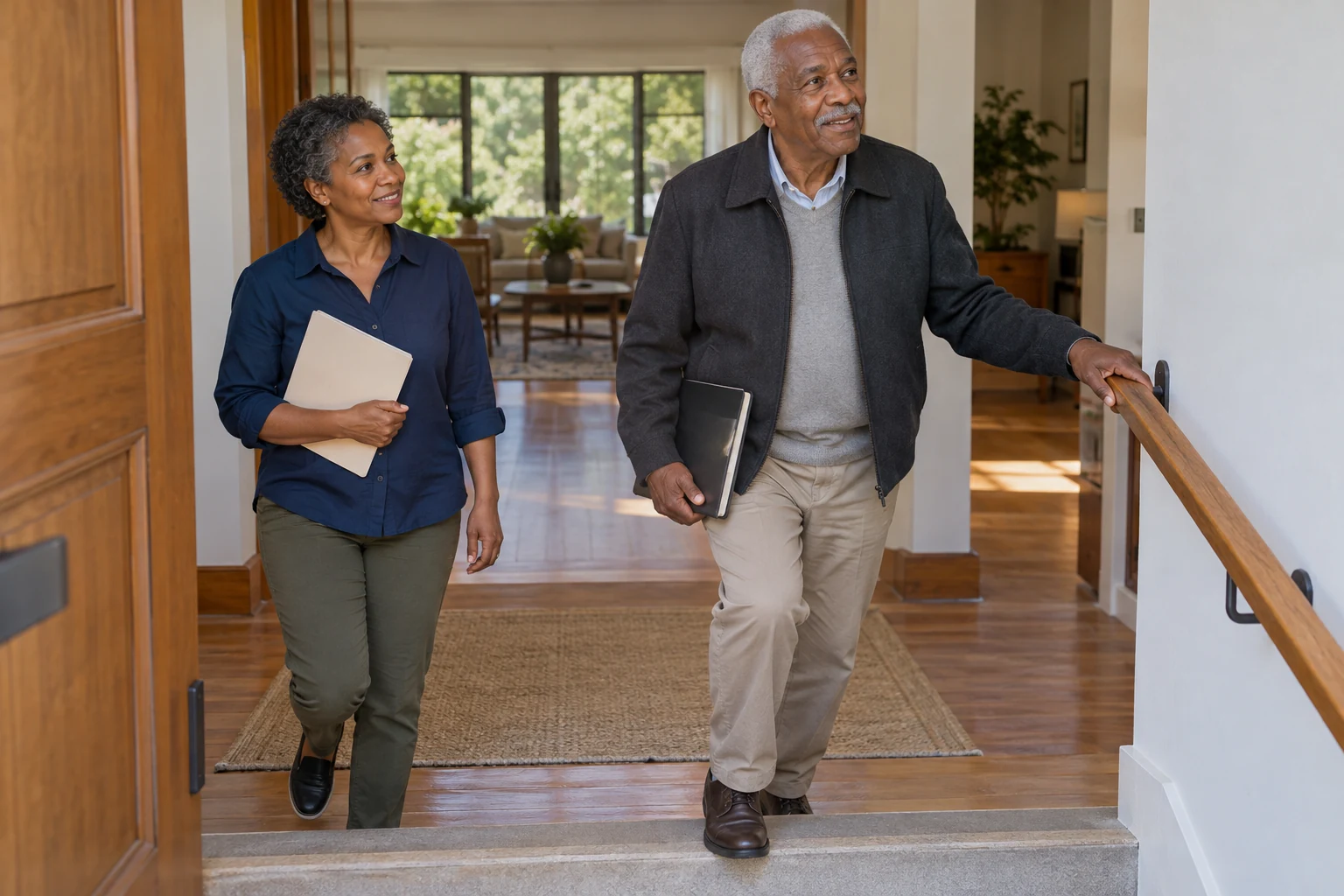Let the visit answer a physical question An older man tries a low interior step with one hand on a fixed wooden rail while his daughter follows with a folder.