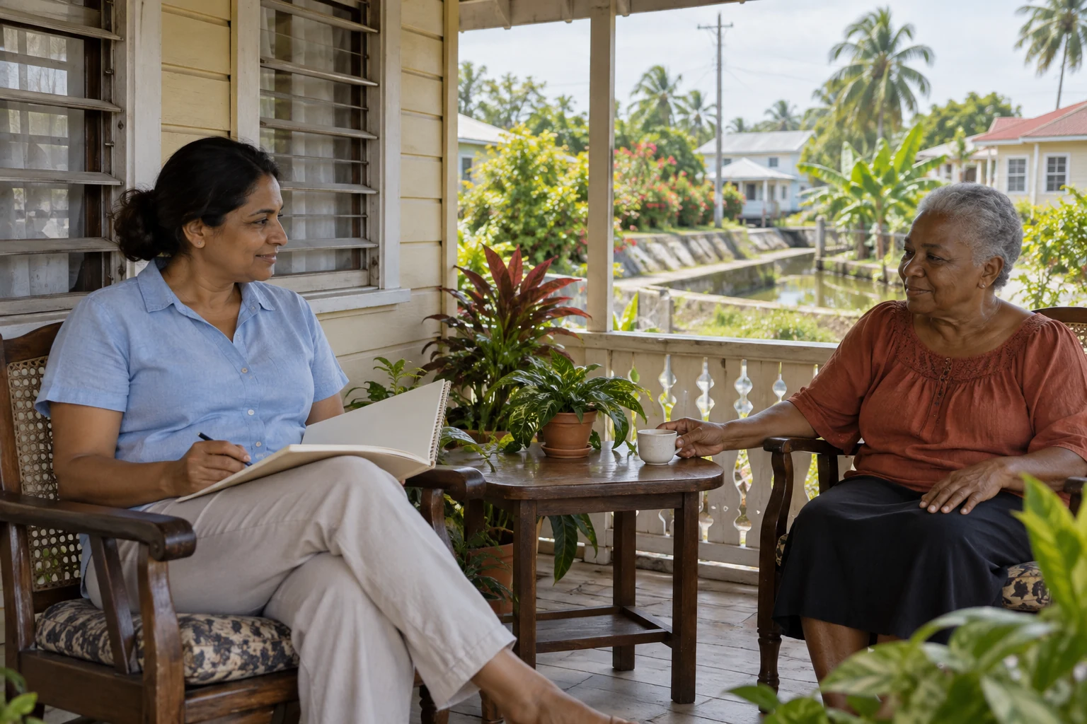 Give the local interest a place beside the work route Two women sit on a veranda with a sketchpad and a small cup on a side table.