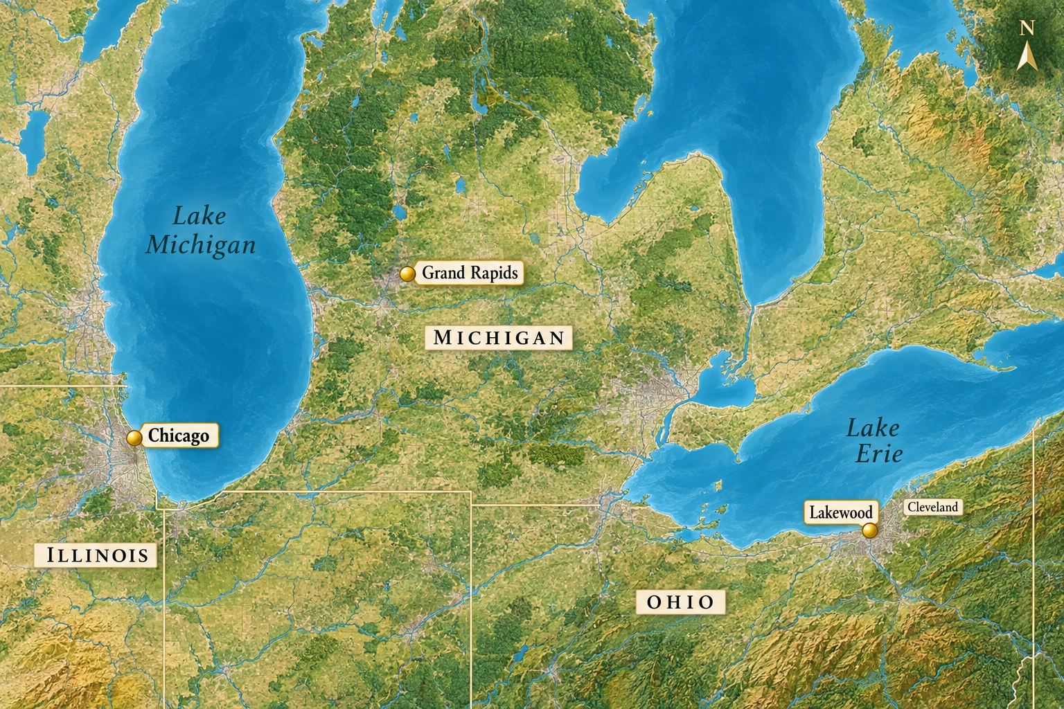 Three different relationships with the Great Lakes A Great Lakes relief atlas places Grand Rapids inland in Michigan, Chicago at southwest Lake Michigan and Lakewood beside Cleveland on south Lake Erie.