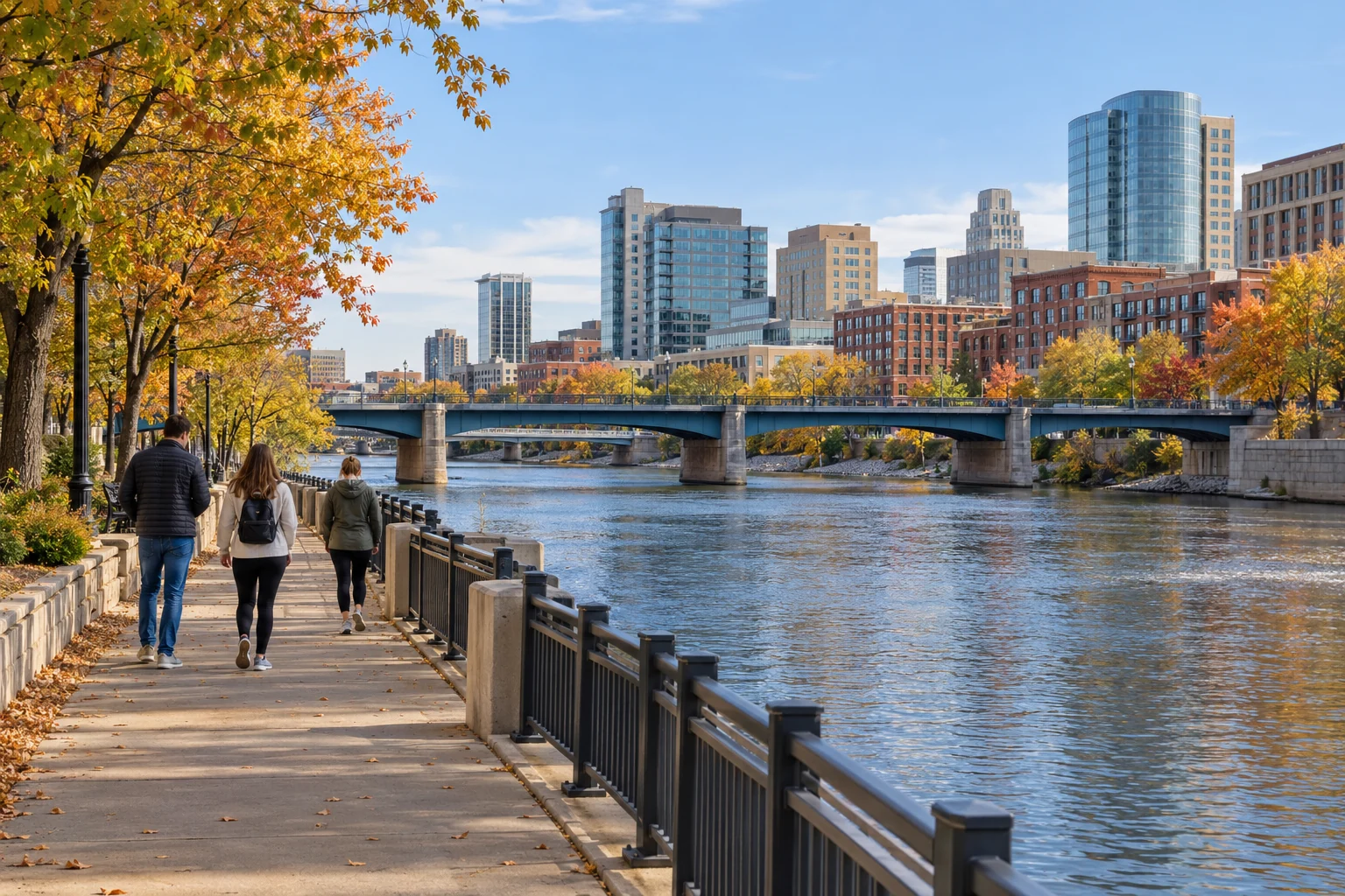 Choose a river-city day with interests of its own Three people walk an autumn riverside path beside a bridge and urban buildings.