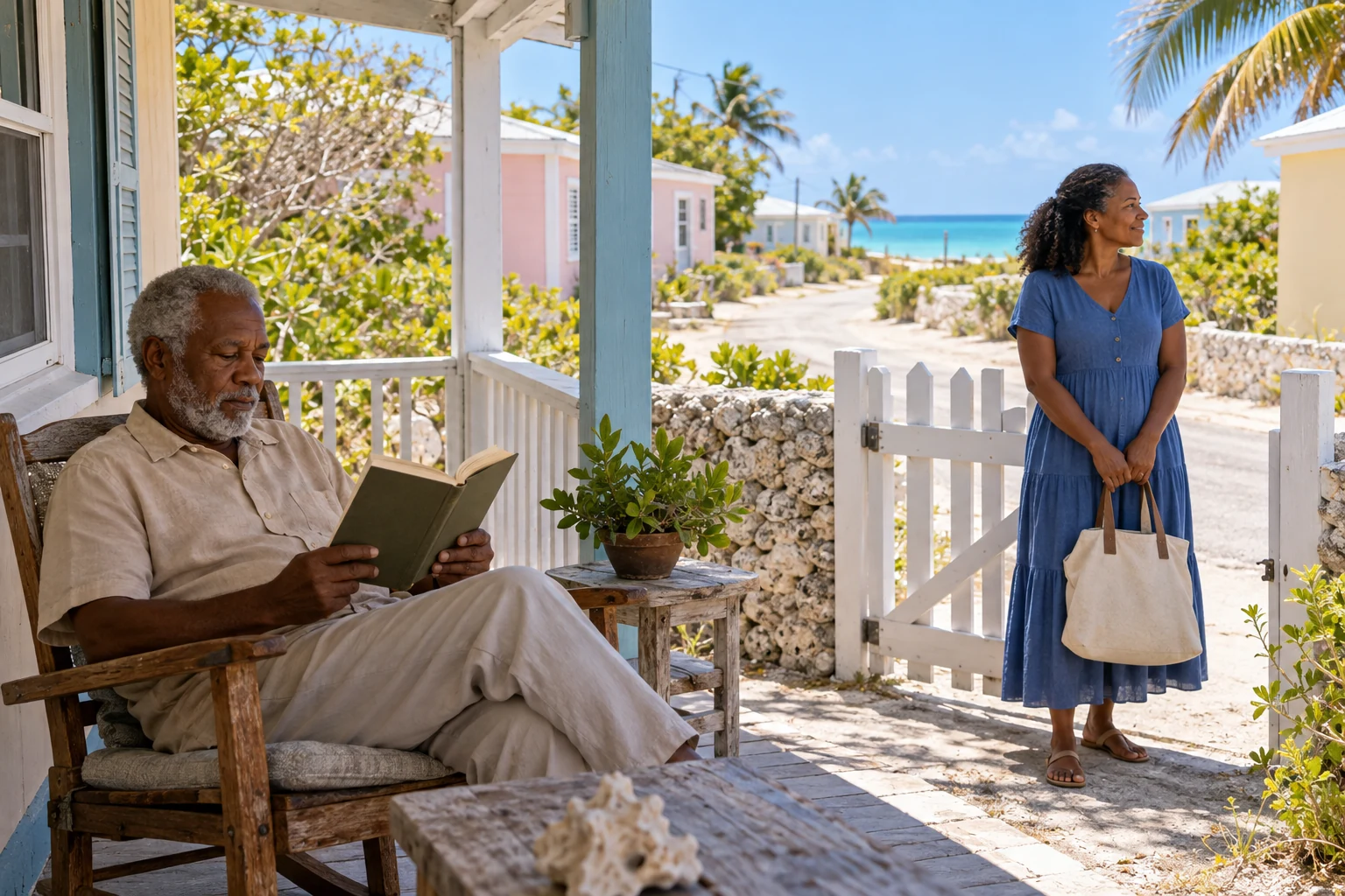 Compare an island home through its ordinary local day An older man reads on a shaded veranda while a woman holding a canvas bag stands beside a gate.
