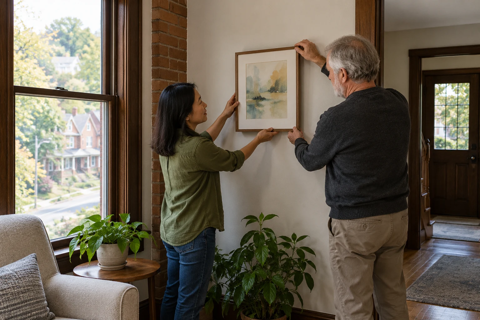 Make a local art interest part of an ordinary home Two adults hold a small framed watercolor against a wall beside a window.