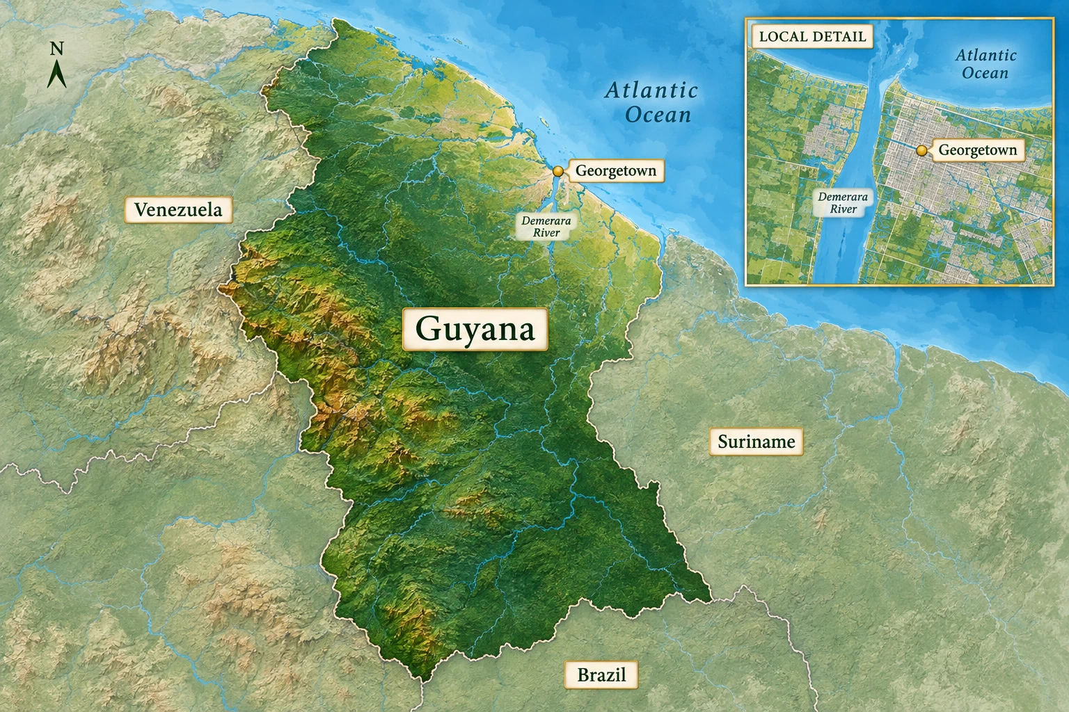 Guyana and the Georgetown coastal setting A Guyana country atlas marks Georgetown on the Atlantic coast, with an inset showing the city east of the Demerara River mouth.