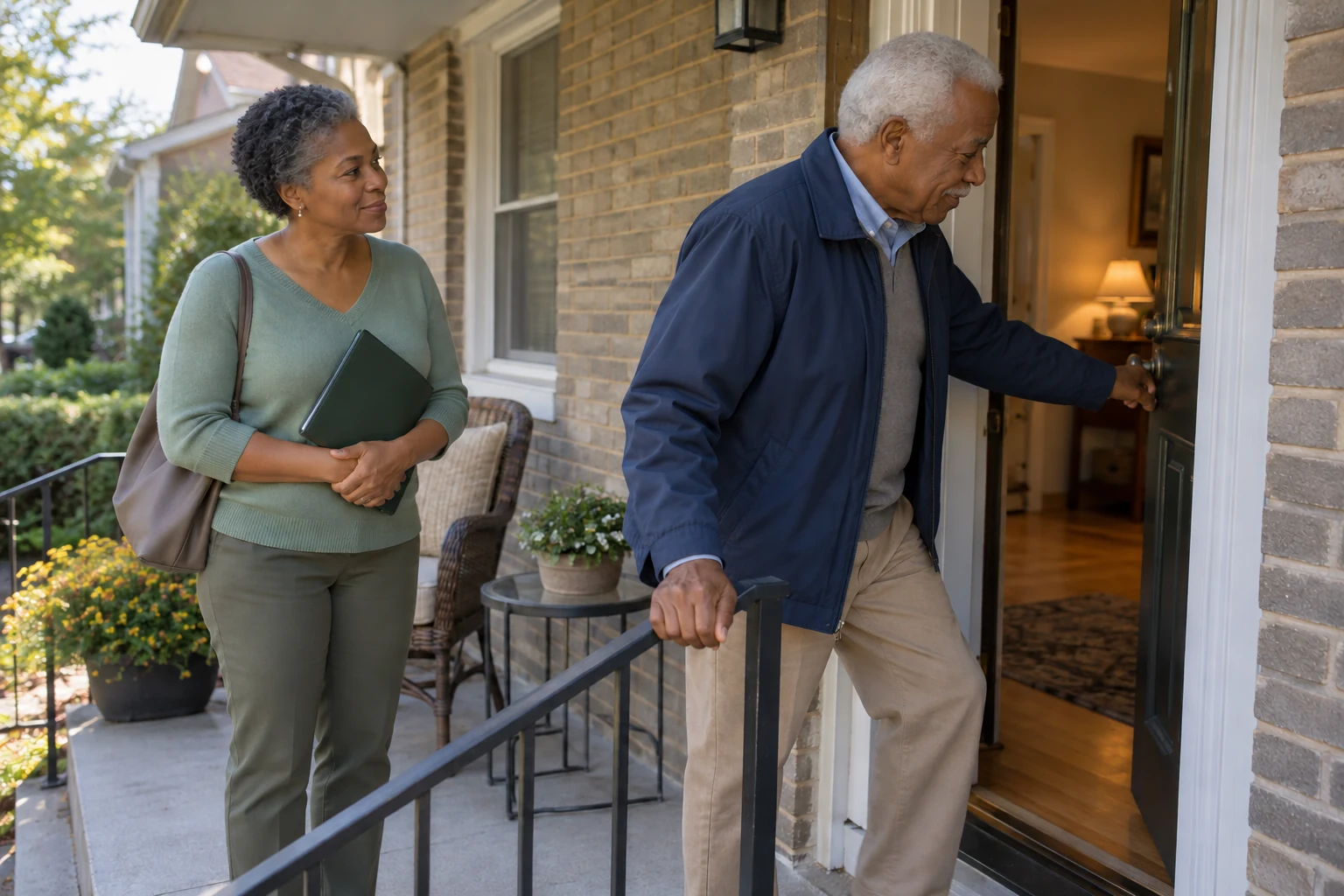 Try the entrance as part of the visit An older man holds a fixed porch rail while opening a front door, with his daughter beside him holding a folder.