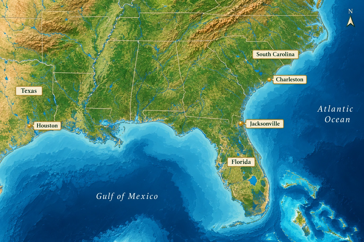 Three southern coastal settings with different daily demands A relief atlas locates Houston near the Texas Gulf coast, Jacksonville in northeast Florida and Charleston on the South Carolina Atlantic coast.