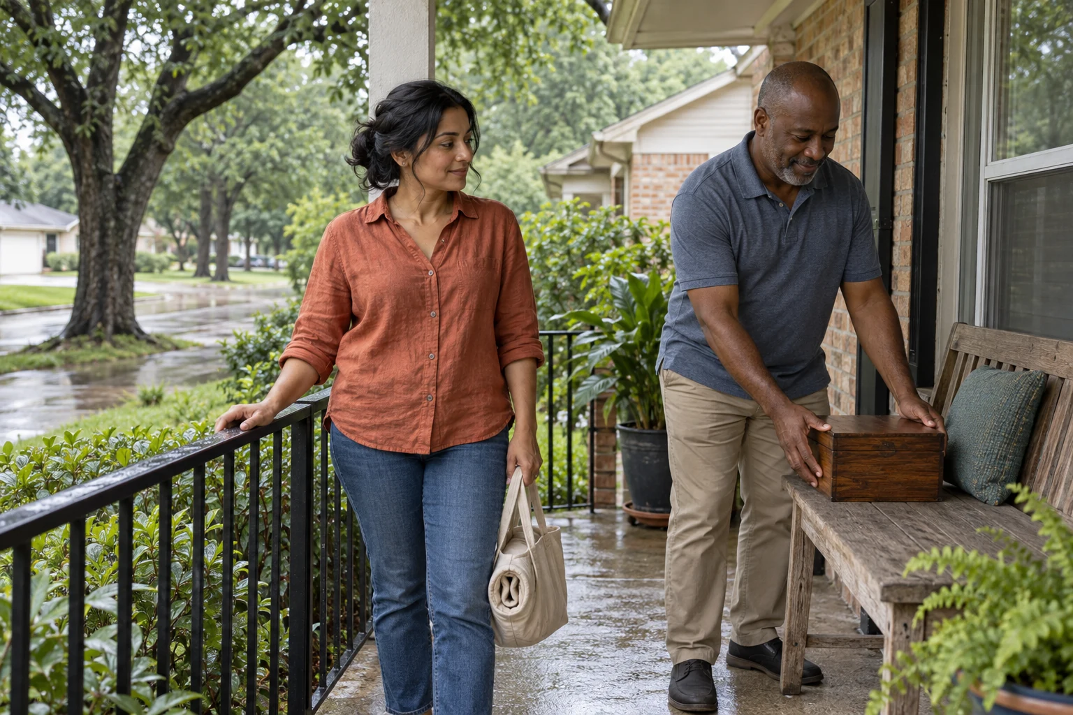 Give the local week a practical home base A woman holds a canvas bag by a porch rail while a man sets a wooden box on a bench.